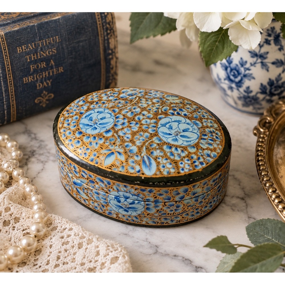 Vintage Hand Painted Papier Mache Floral Trinket Box Blue Gold Oval Lacquer